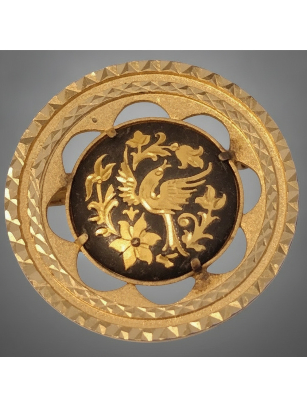 Vintage Bird Damascene Brooch Pin, Gold & Black, Flower, Floral Round ab1-70